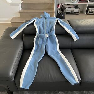 Blue and White Women's Zipper Jumpsuit with Belt